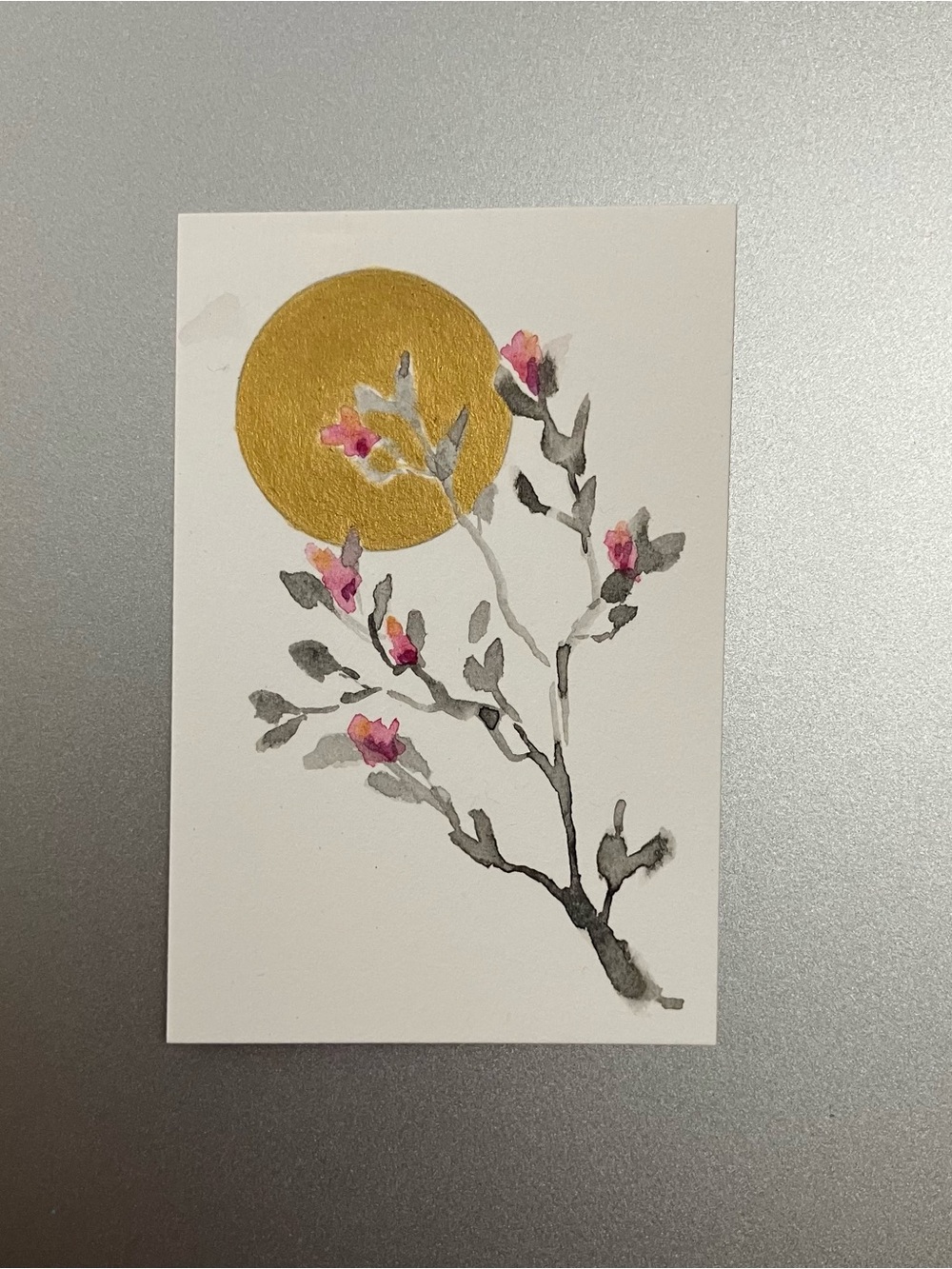 Original tree blossoms painting miniature realism art sumi-e style ink gift